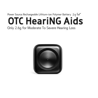 Fuente de alimentación: Batería recargable de polímero de iones de litio. Audífonos OTC solamente. 2.6g para pérdida auditiva de moderada a severa